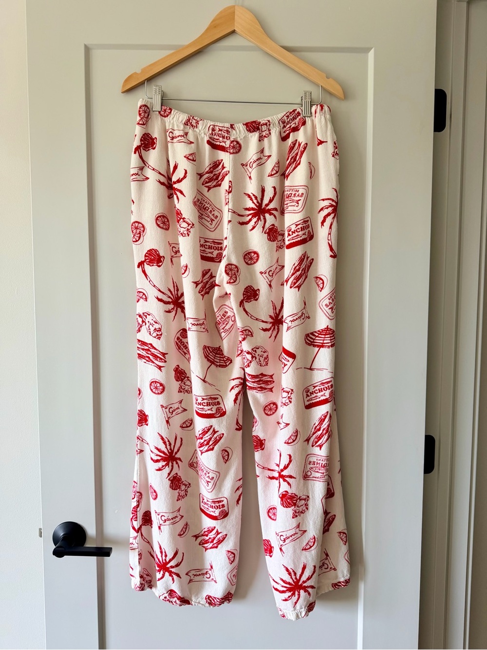 Angel Kiss Coastal Beach Print Wide Leg Lounge Pants Red and Ivory - Picture 3 of 6